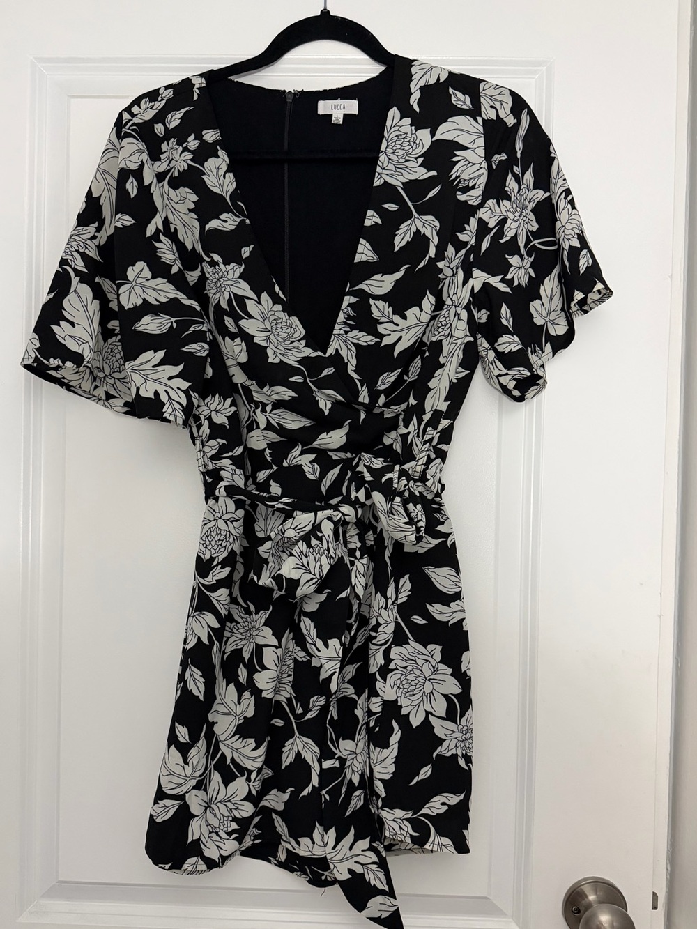Lucca Black Floral Wrap Romper with Belt Large
